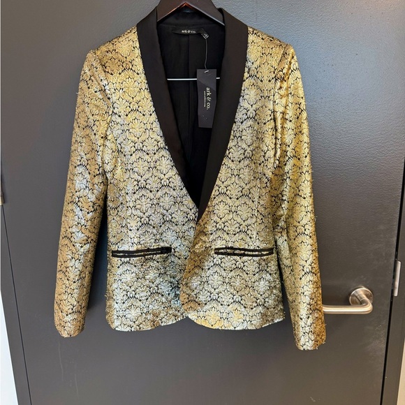 Ark & Co NWT L Gold and Black Blazer jacquard thicker metallic tuxedo cut blazer - Picture 12 of 12